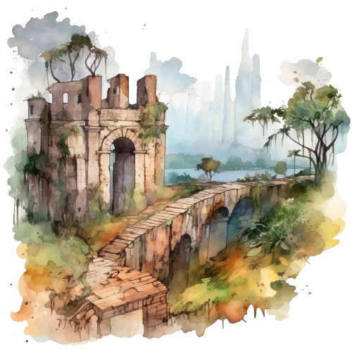 Abandoned Ancient Ruins, City Ruins Clipart, Watercolor Scene, Printable Art