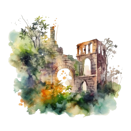 Ancient Medieval Castle, Watercolor Landscape, Wall Clipart, Stickers